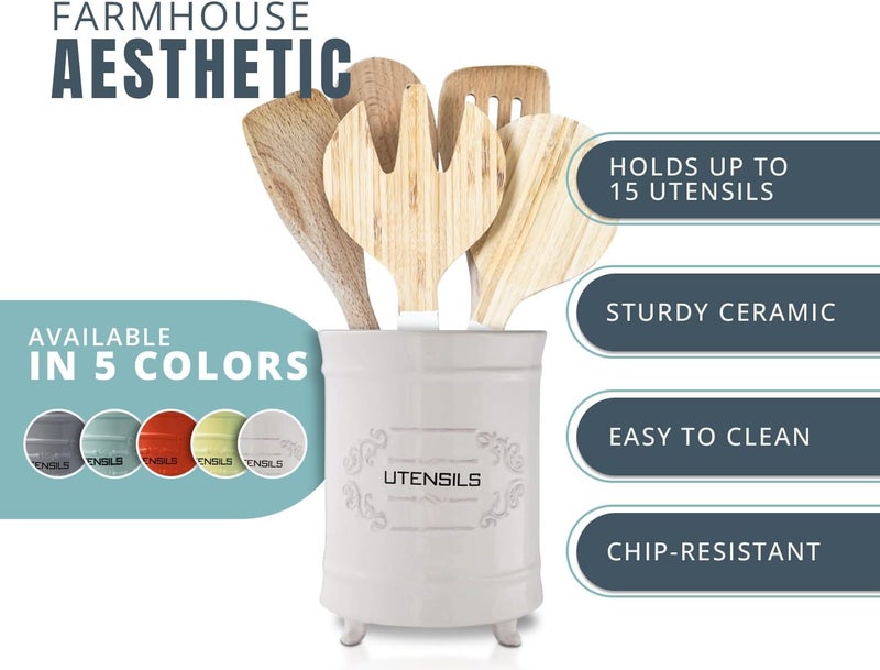 Comfify White Ceramic Utensil Holder – Vintage Style Kitchen Caddy – Shabby Chic Countertop Organizer – Rustic French Country Crock for Cooking Enthusiasts - Image 2